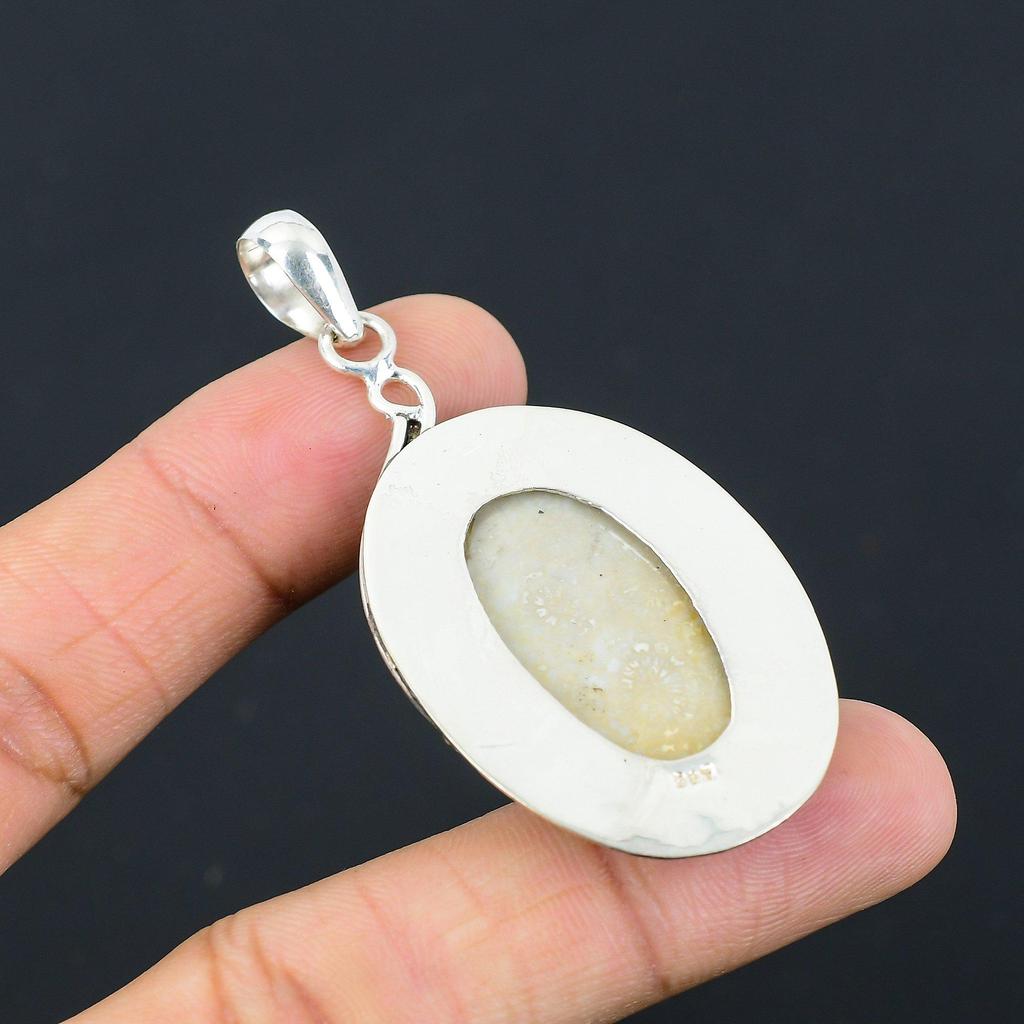 Sisters Day Deal Oval Fossil Coral Gemstone Handcrafted Wife Pendant 925 Silver