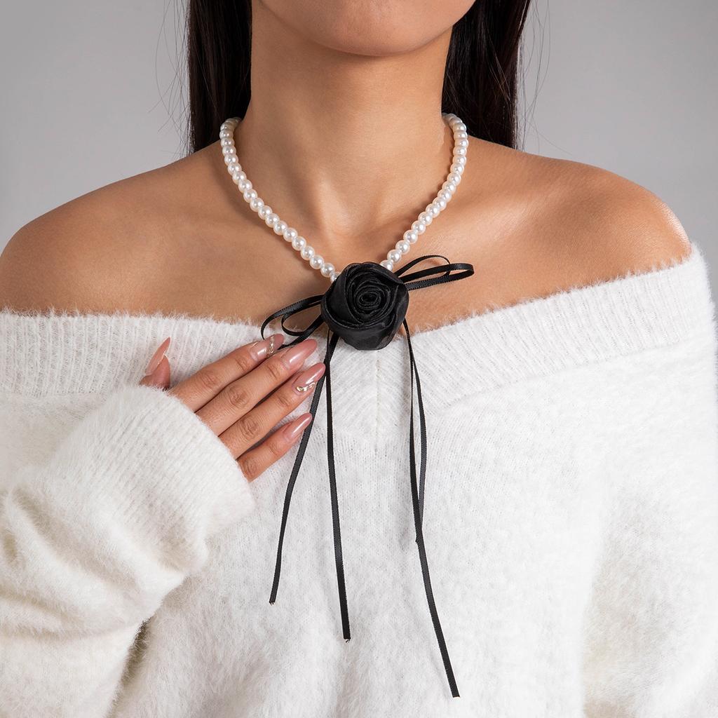 Accessories Niche Baroque Pearl Necklace Women's Black Ribbon Bow Strap Necklace