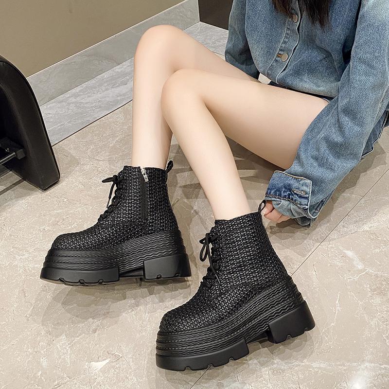 Fashion 9.5CM Women's Chunky Ankle Boots New Autumn Winter Weave Leather Punk Shoes High Platform Casual Leather Short Boots Botas Mujer