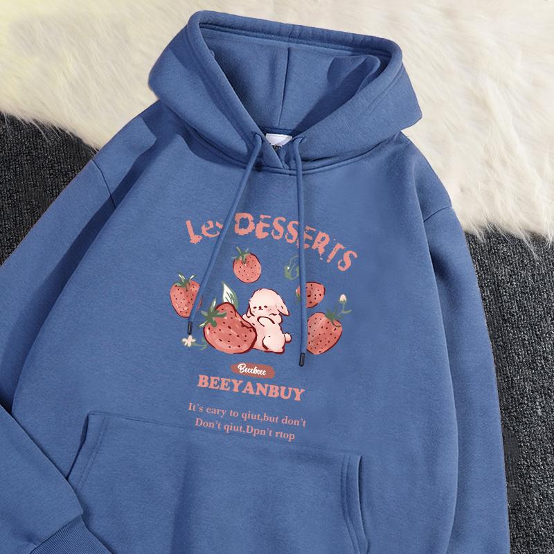 Cute Strawberry And Rabbit Printed Sweatshirt Pocket Soft Warm Breathable Pullover Autumn Winter Hoody