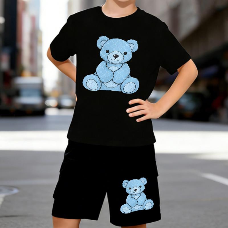 Boys 2 Piece Cute Bear Print Outfit, Short Sleeve T-Shirt and Shorts Set for Kids Age 5-14,Black and White Sporty Casual Summer Clothes