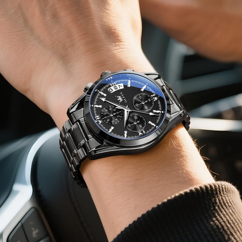 OLEVS Stainless Steel Stylish Watch for Black Strap Men's Watch, Waterproof, Luminous, Chronograph, Date, Band, Business/Casual, Men, &