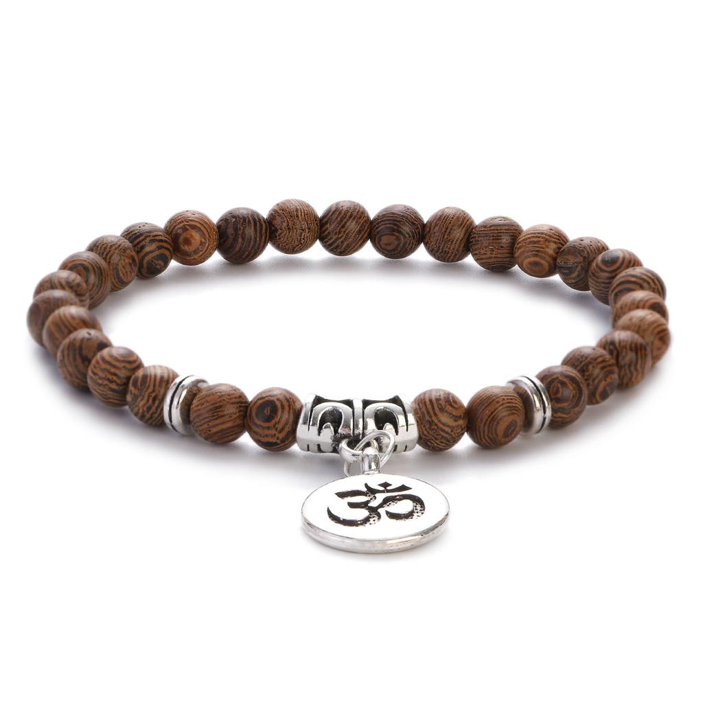 Natural Wood Beads Bracelet Women Men Yoga Meditation Prayer Om Pendant Wooden Jewelry Classic Sliver