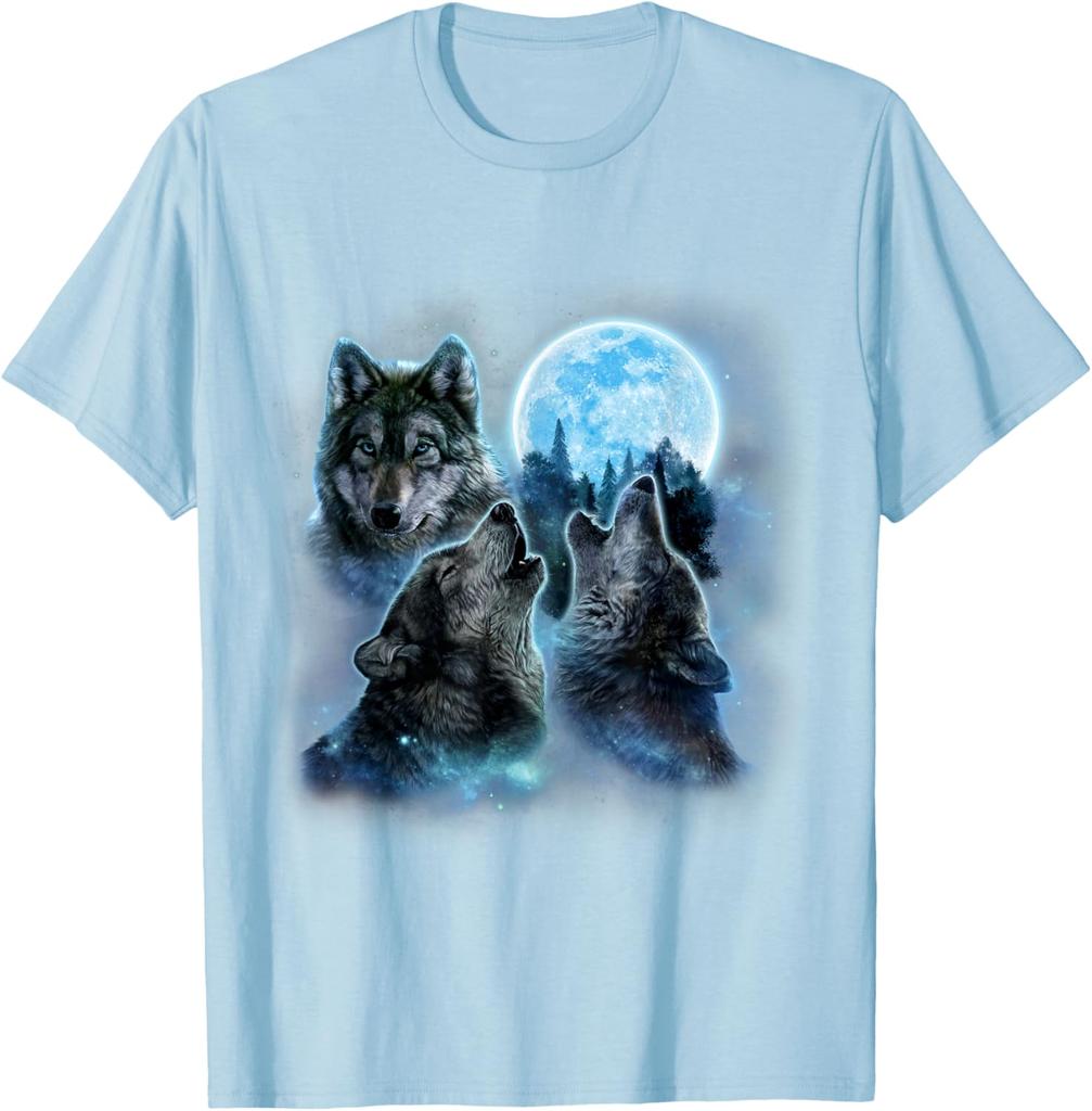 Three Wolves Howling Blue Full Moon Graphic Tee Breathable Cotton Casual T-Shirt for Men