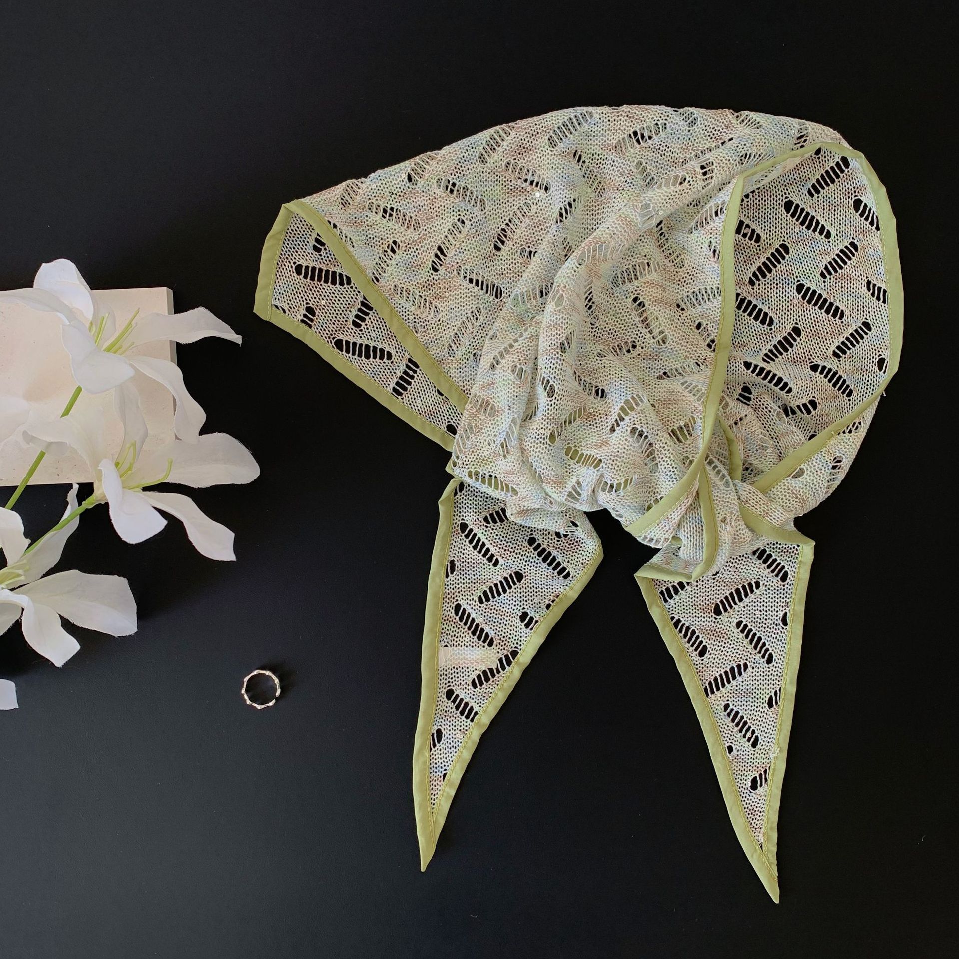 Korean retro hollow triangular scarf women s silk scarf spring and summer literary and artistic high sense versatile air-conditioning room neck