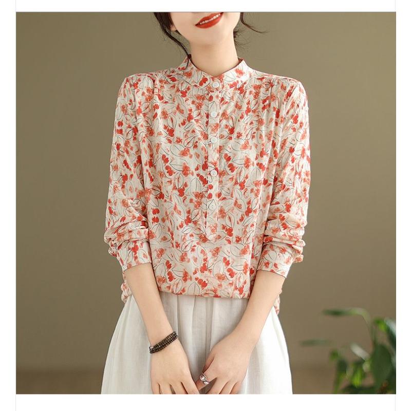 

Women s Floral Print Stand Collar Chiffon Blouse Long Sleeve Elegant Casual Top L абрикосовий