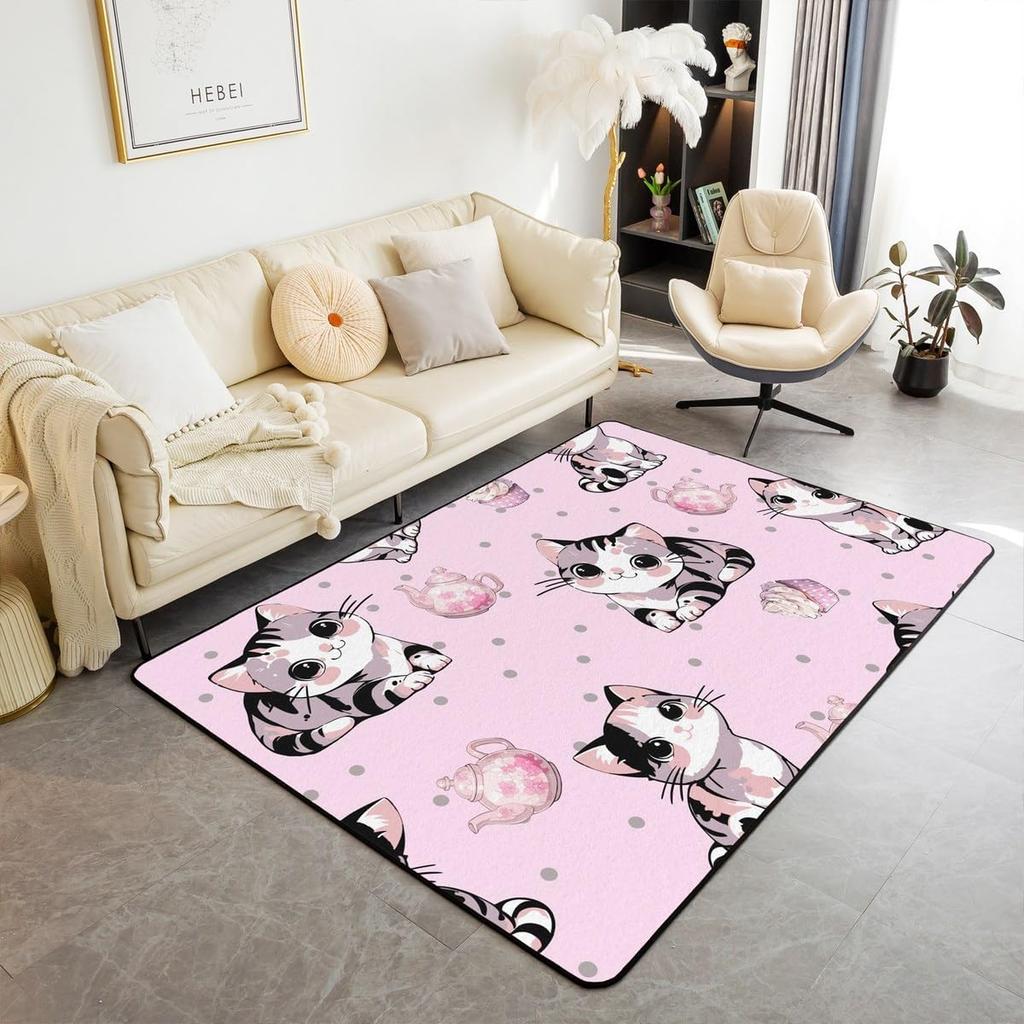 Cute Cat Area Rug,Cartoon Kitty Pet Animals Decor Non Shedding Rug for Kids Teen Adults,Starry Galaxy Decorative Carpet for