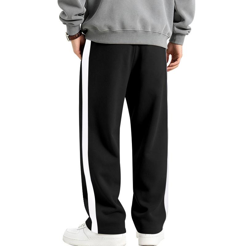Pantaloni de trening largi pentru bărbați, căptușiți cu fleece, tricotaj greu, dungă contrastantă laterală, șnur, croială largă, casual, sport