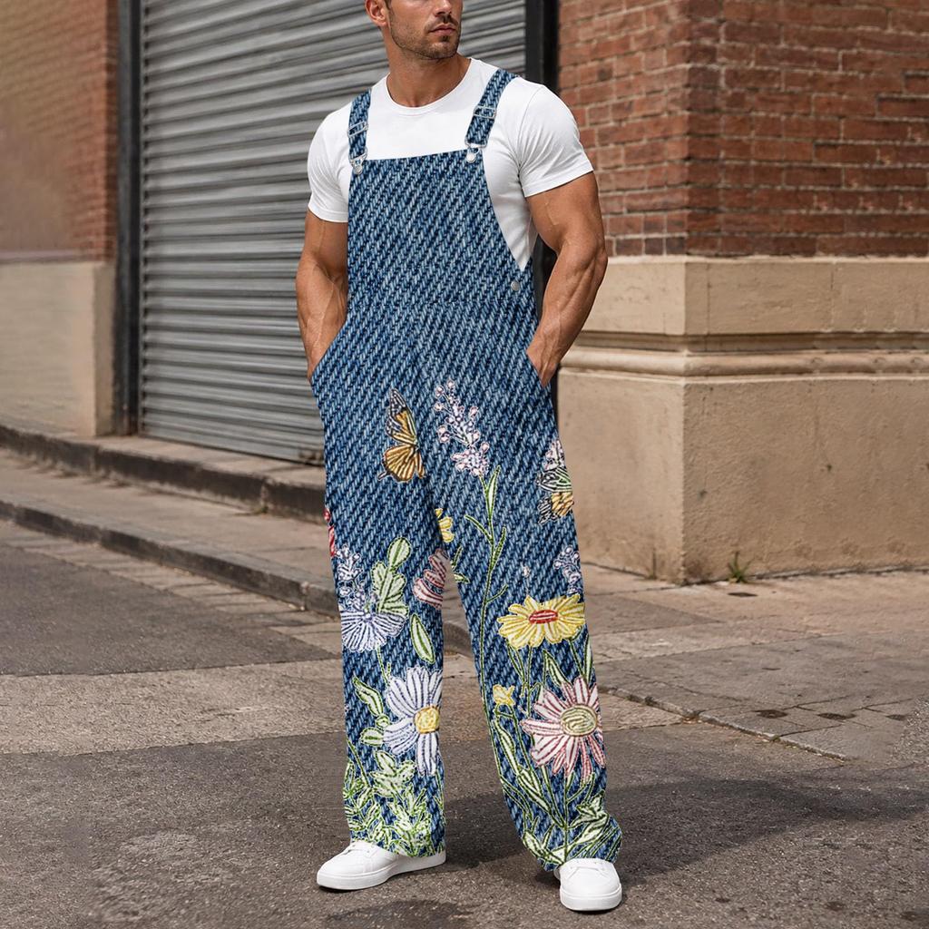 Men's Loose Fit Cargo Overalls Wide Leg Jumpsuit with Multi-Pocket Utility Pockets