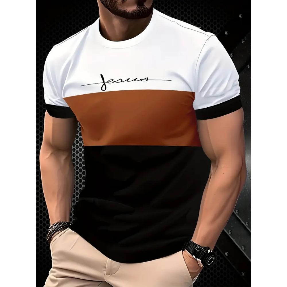 Men's Creative Color blocked 3D Mountain Printed T-shirt Summer Street Trend Sports Round Neck Short Sleeve T-shirt Casual Sportswear
