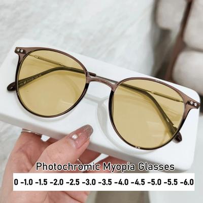 Unisex Dames Heren Ronde Fotochemische Myopie Bril Luxe Kleurwisselende Zichtbril Zonnebril Op Sterkte Min Bril