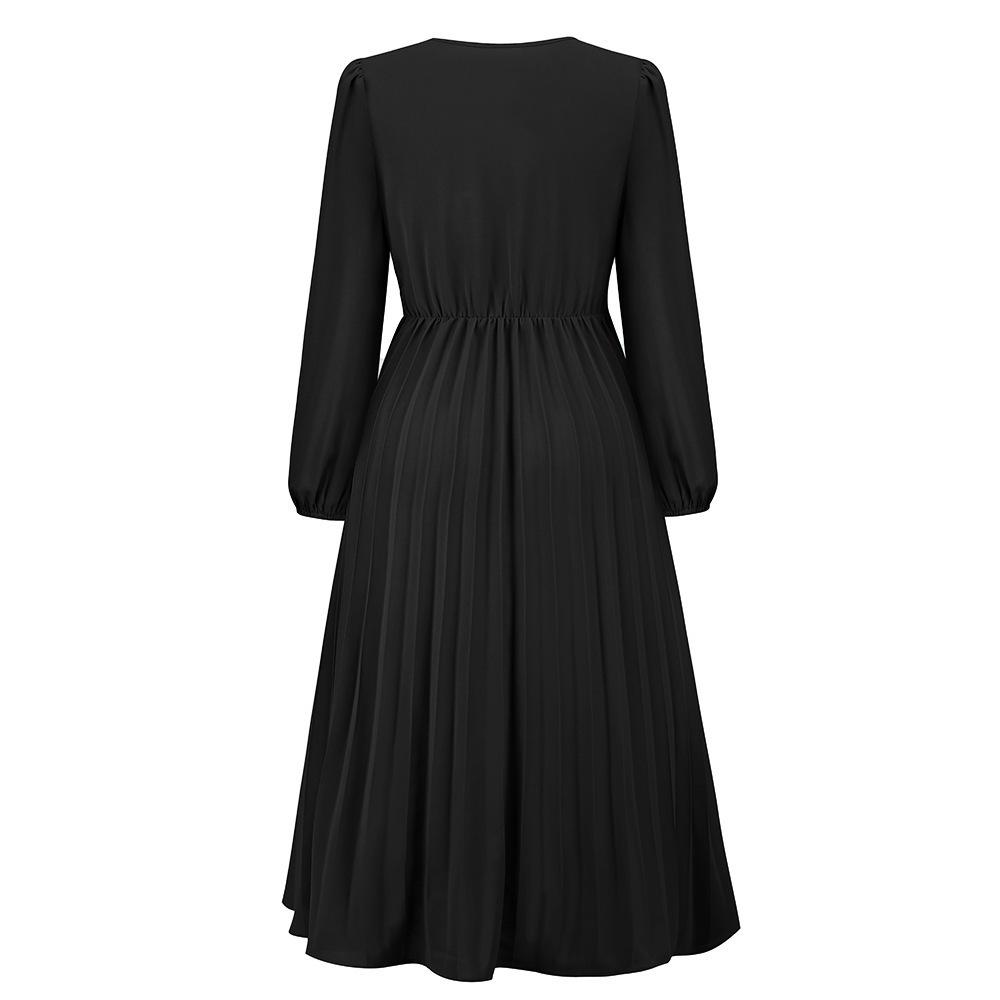 2022 European & American Slim Fit V-Neck A-Line Dress with Belt & Pleated Long Sleeves for Women