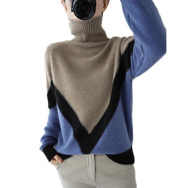 High Collar Color Blocking Bottoming Sweater Women's Autumn and Winter Pullover Loose Outer Wear Knitted Sweater