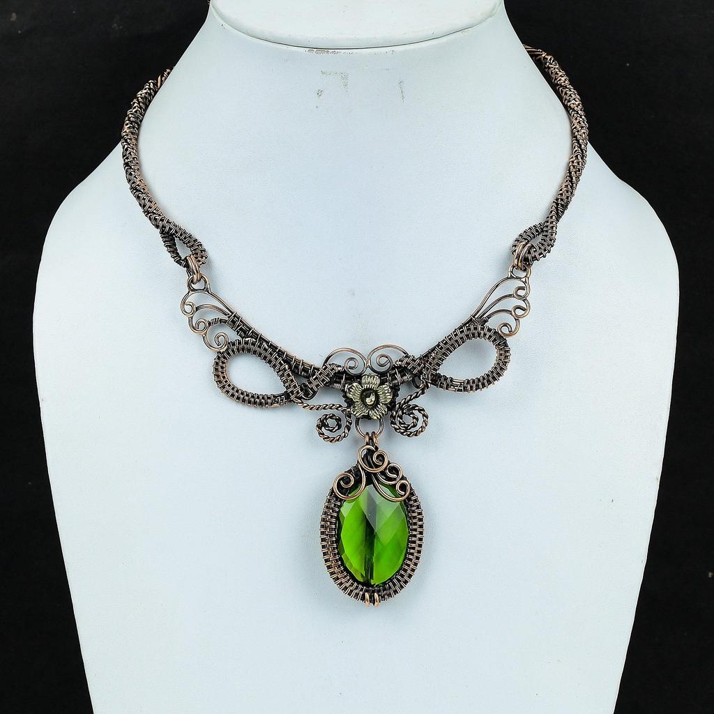 Peridot Handmade Gemstone Necklace, 999 Copper Wire Wrapped Necklace Antique Jewelry, For Engagement Gift