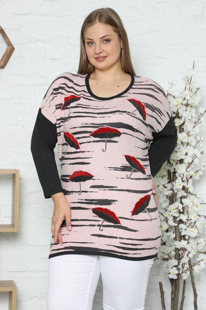Women's Style Plus Size Tunic Pink Umbrella Patterned Stone Embroidered Long Sleeve Tunic