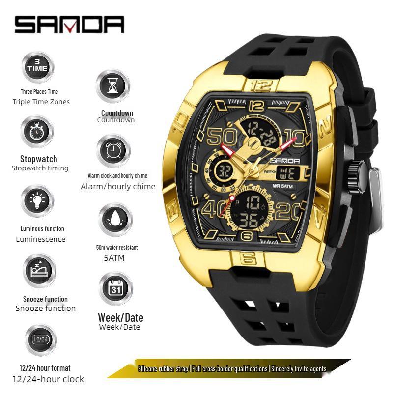 Sanda Men's Sports Barrel-Shaped Luminous Countdown Watch with Triple Time Zone and Dual Display, Waterproof Design.