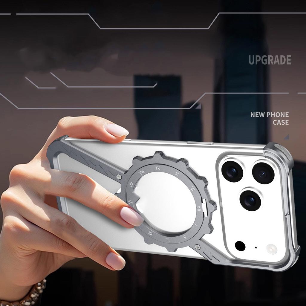 High Quality Aluminum Frameless Phone Case 360 Magnetic Rotation Stand Shockproof Bumper Electroplate for Iphone 17 Pro Orange
