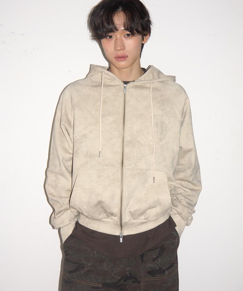 Someplace Man Sequin Star Patch Point Crack Two-Way Sweat Hooded Zip-Up Jacket [Cream]