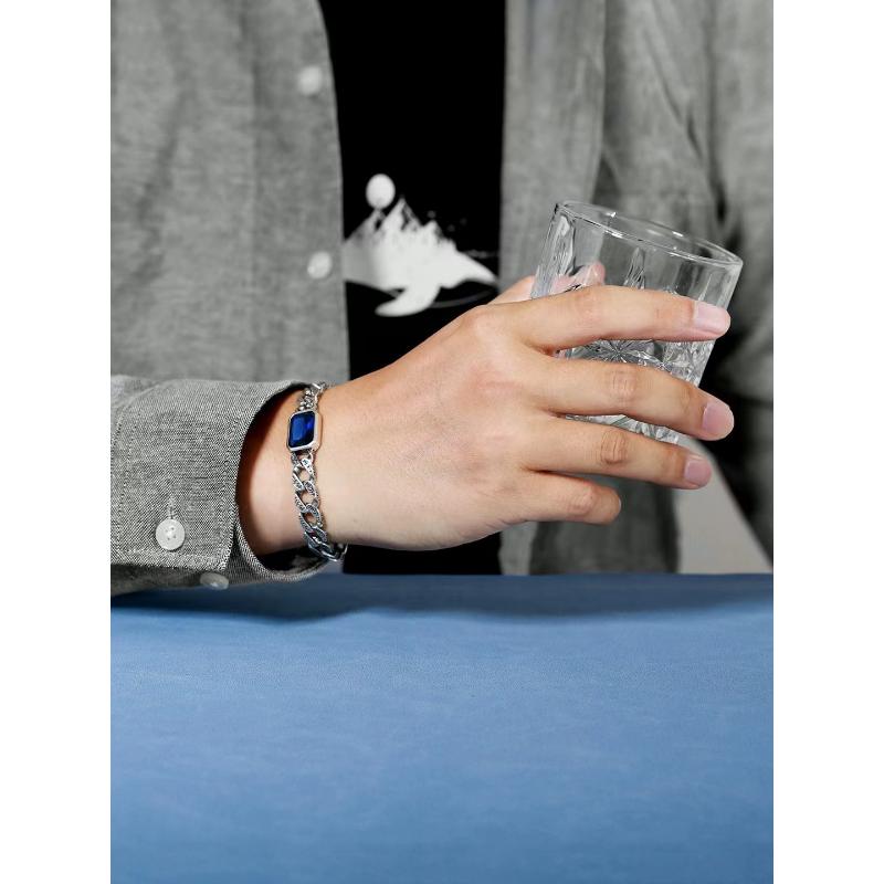 Blue Stone Tang Grass Pattern Couple's Bracelet, Male and Female Cuban Bracelet, a Pair of Korean Style Fashion