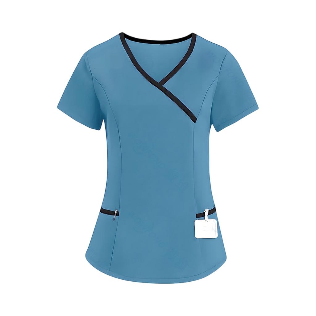 Women’s Stretch V Neck Short Sleeve Scrub Top with Pockets Quick Dry Fabric for Healthcare Nursing Work Uniform