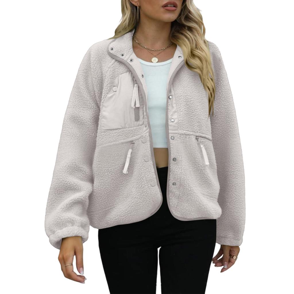 Women's Fashion Casual Stacked Lapel Single Button Fleece Sports Sweatshirt Jacket Outerwear