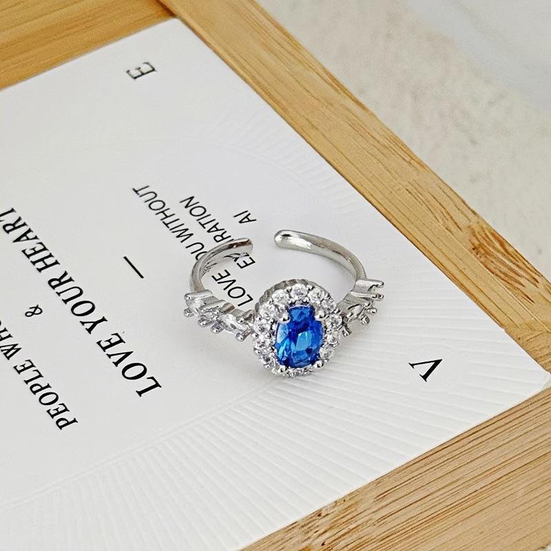 Light Luxury Full Diamond Sea Blue Zircon High-End Open Ring Gypsy Star Niche Design Butterfly Personalized Index Finger Ring Female