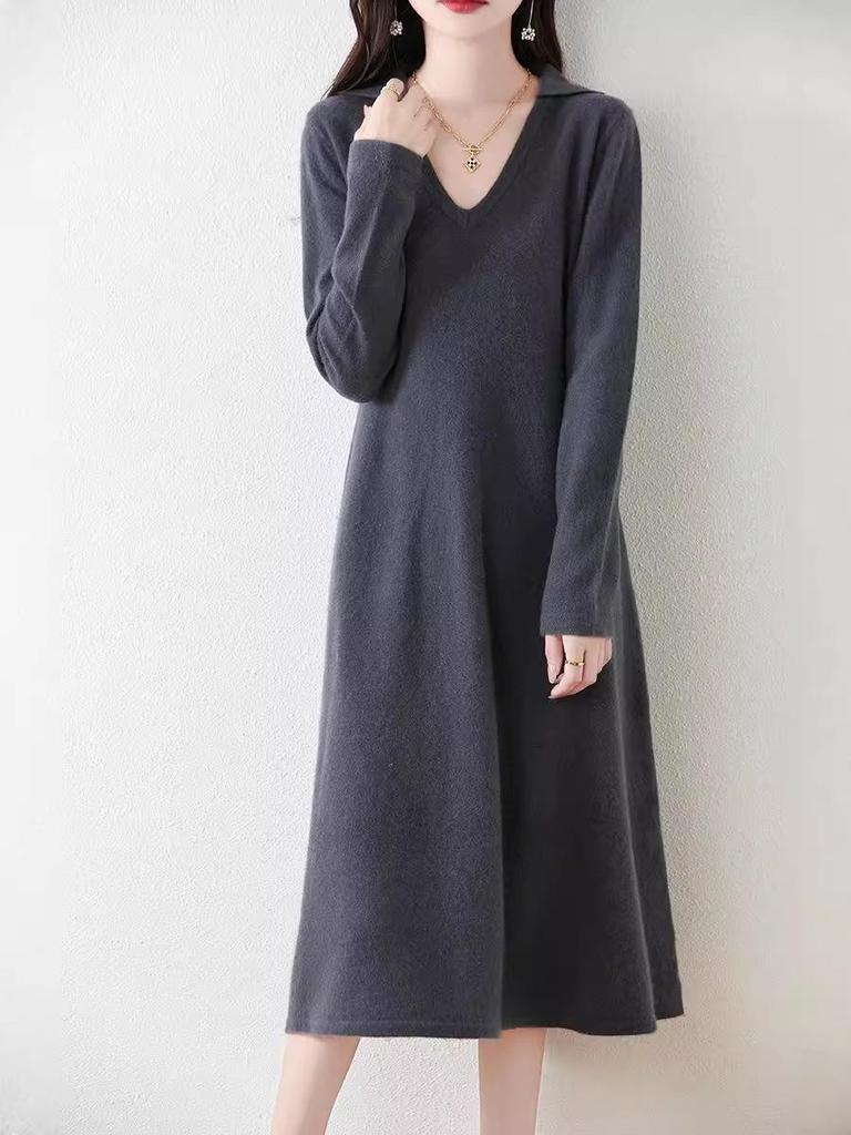 Women's 100% Pure Wool Mid-Length Knit Sweater Dress - Slimming Autumn/Winter Base Layer Long Skirt