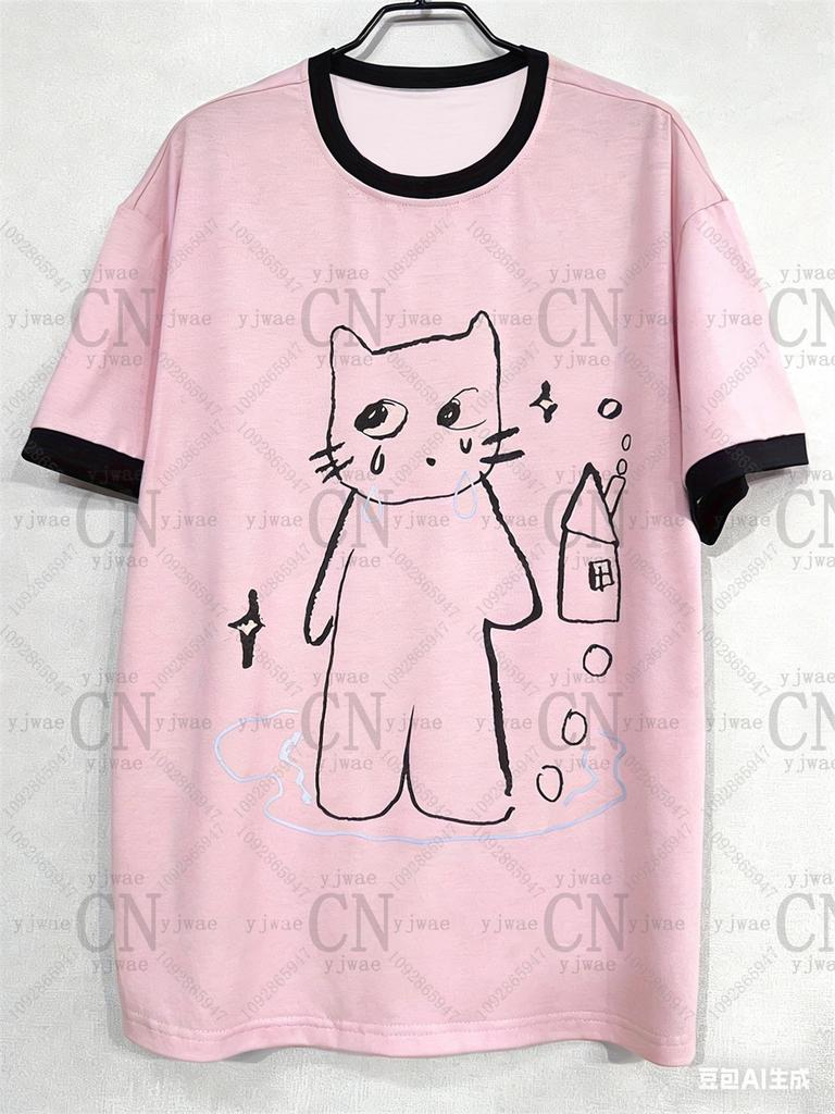 2026 Damen Y2k Retro Koreanische Mode T-Shirt Schnitt Katze Grafik Kurzärmelig Modisch Streetwear Sommer Herren Damen T-Shirts