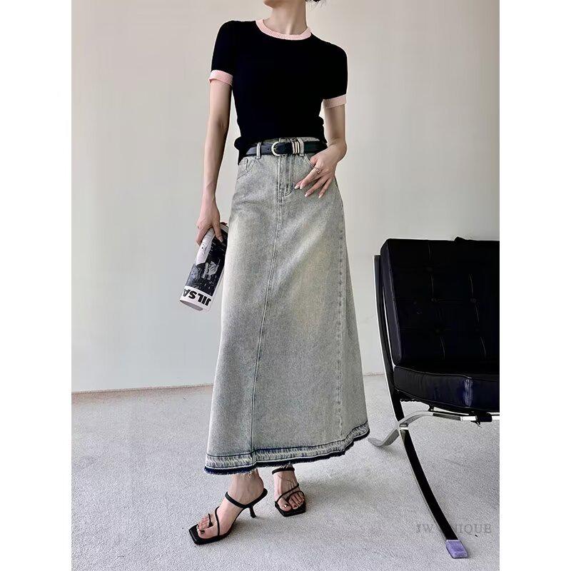 

Женская джинсовая юбка А-силуэта в стиле ретро с необработанным краем, маленькая, с высокой талией, узкая, средней длины, универсальная для весны и осени 3XL светло-синий