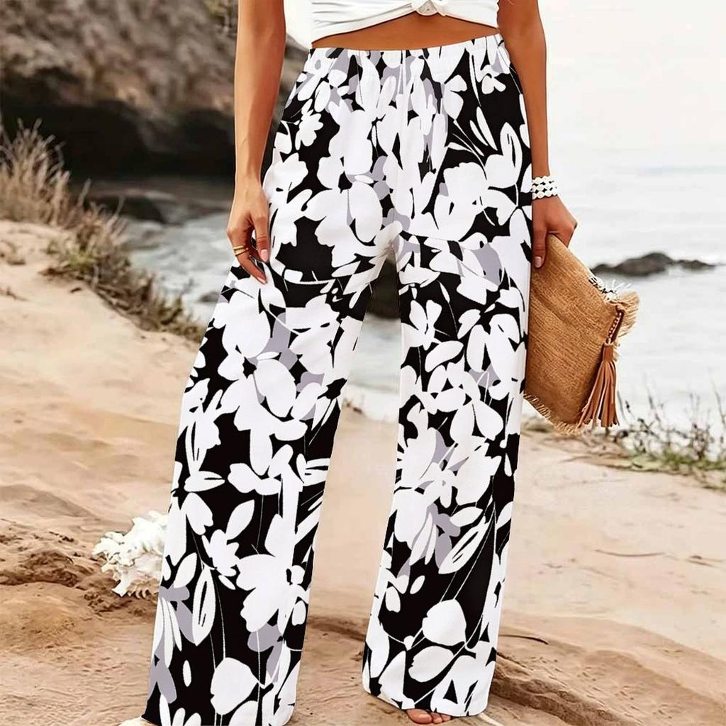 Damen Sommer Strand Weite Hosen Blumenmuster Elastisch Hoher Bund Lockerer Schnitt Lässig Urlaub Palazzo Hosen