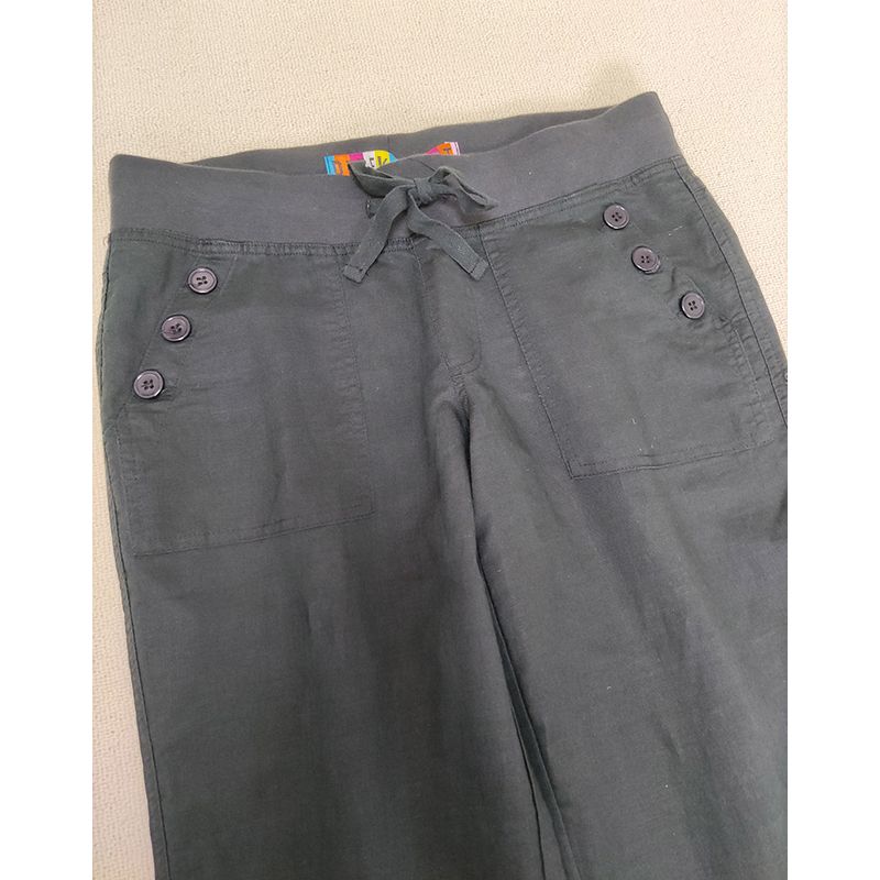 

Solid Color Mid-Waist Lace up Breathable All-Match Wide Leg Pants Linen Black, pocket three-button M