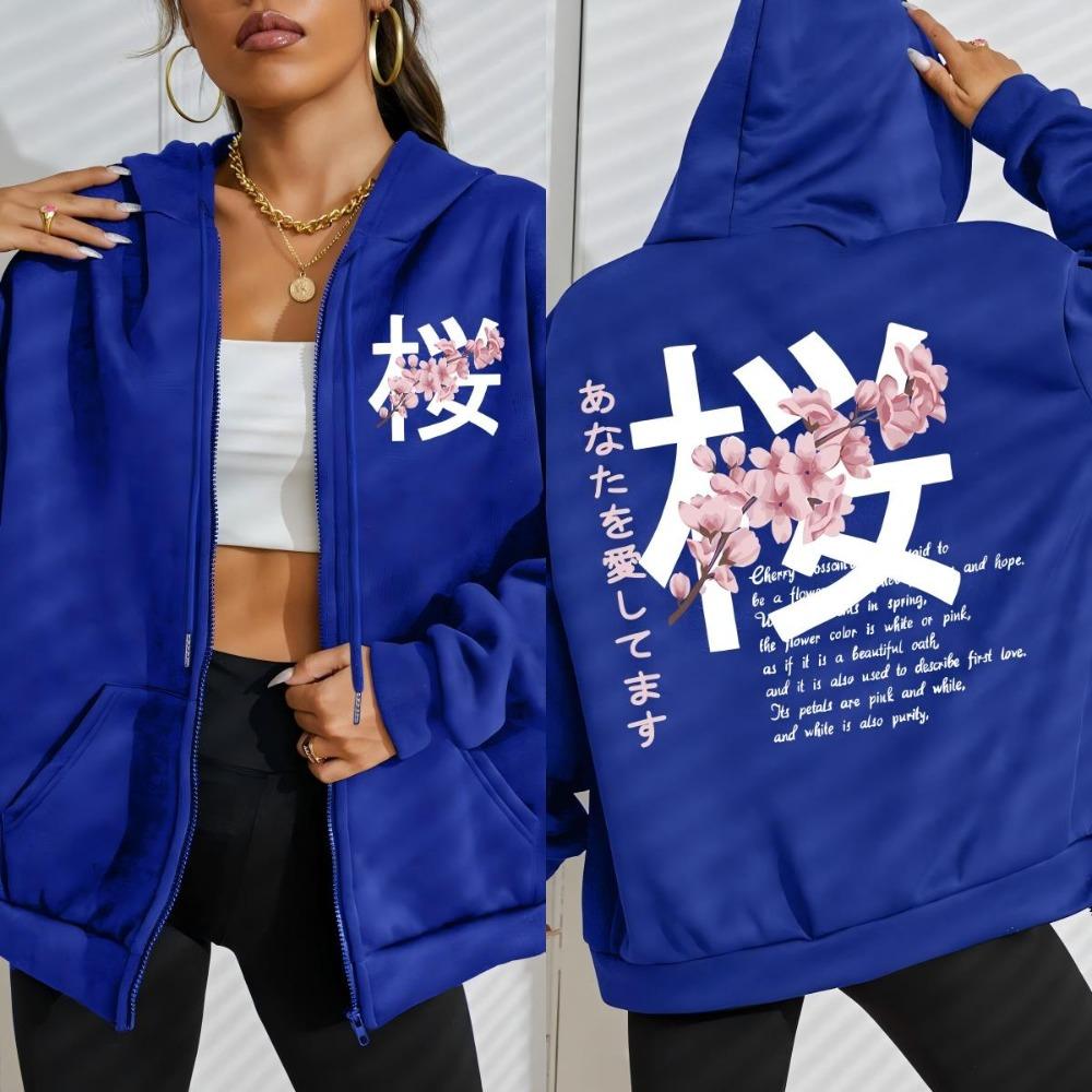 Japan Harajuku Cherry Blossom Art Letter Design Zipper Hoody Women Street Casual Tops Autumn Loose Hoodie Clothings