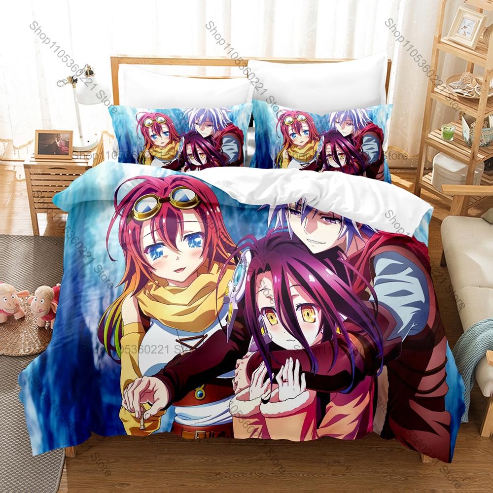 No Game No Life Duvet Cover + 2 Pillowcases, Classic Fantasy Anime Print Bedding Set Soft Fabric Decor Gift for Anime & Game