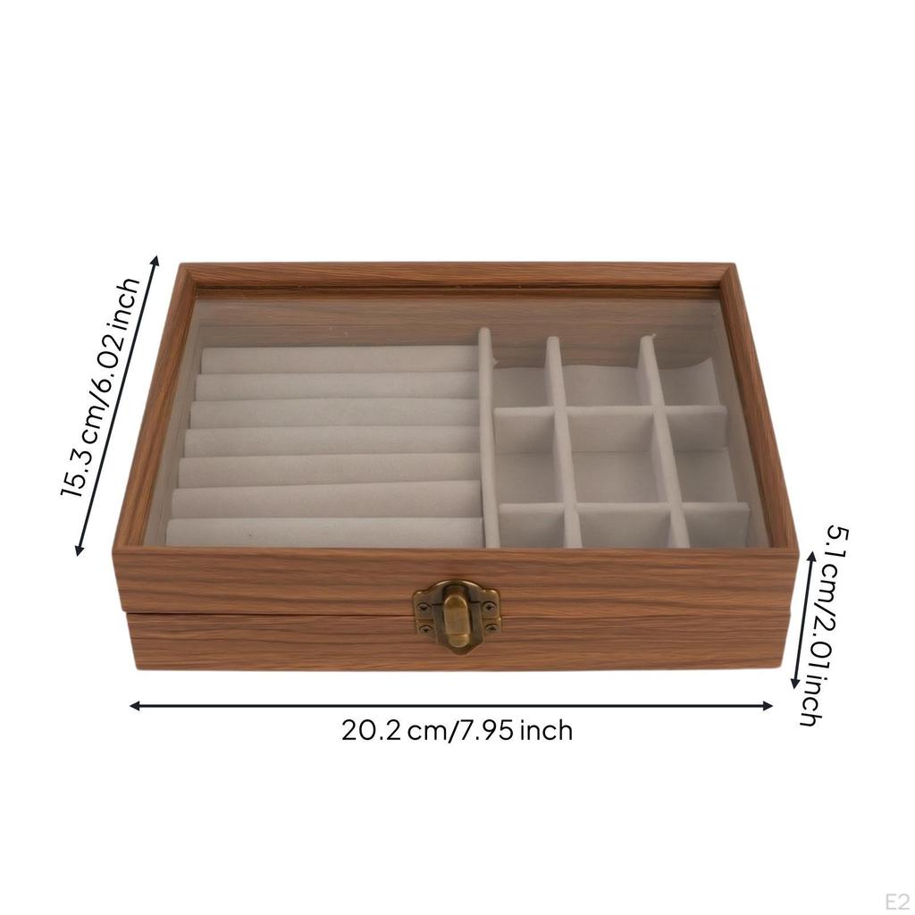 Jewelry Storage Box with Glass Lid Walnut Wooden MultiCompartment for Women, Dresser,