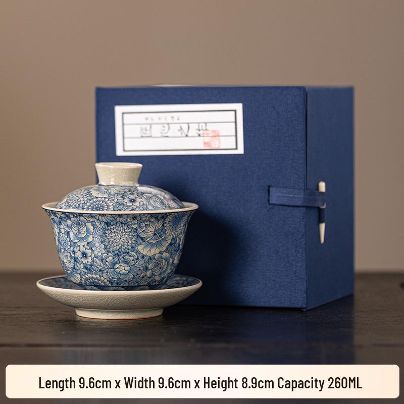 Blue and White Porcelain Ru Kiln Tea Set – Retro Lidded Bowl Tea Cup with Blossoms, Anti-Scald Design for Brewing Tea