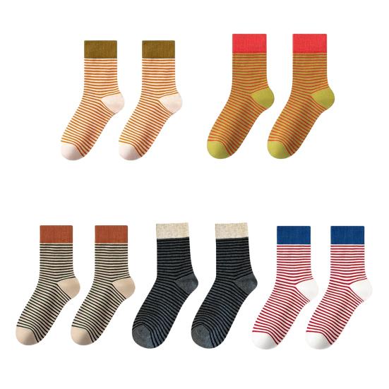 Women Retro Striped Socks Color-Block Fine Stripes Crew Socks Breathable Casual Cotton Socks for Sports Daily Errands Commuting