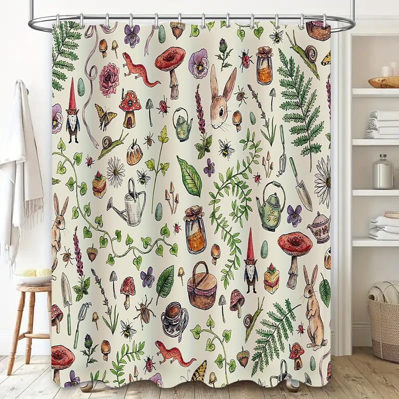 Botanical Shower Curtain Vintage Floral Nature Mushroom Forest Pattern Bathroom Decor Washable Fabric Backdrop