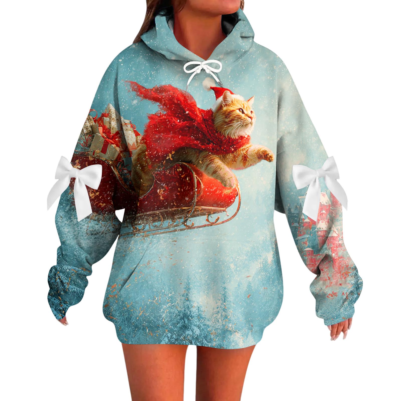 

Женский рождественский с принтом банта, с длинными рукавами, свободного кроя, повязка на голову с веревкой, худи-топ с капюшоном L