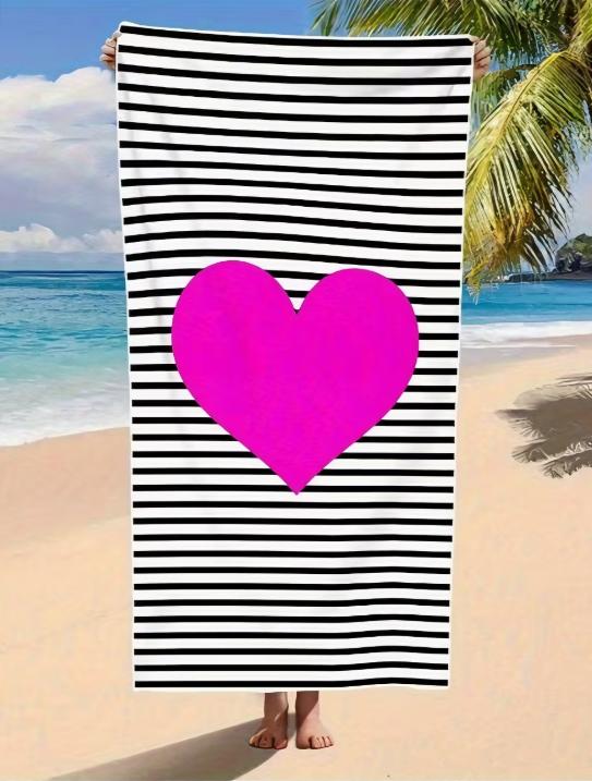 Striped Heart Beach Towel, Microfiber Large Sand Free Quick Dry, Pink Love Minimalist Design, Soft Absorbent Beach Towel Bt21
