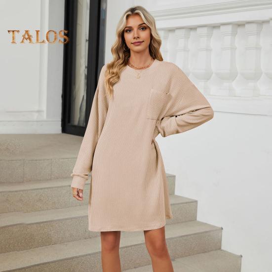 Herbst Frühling Kleid Faden Einfarbig Lose Brust Tasche Lange Ärmel O Hals Pullover Knie Länge Pendeln Dating Midi Kleid