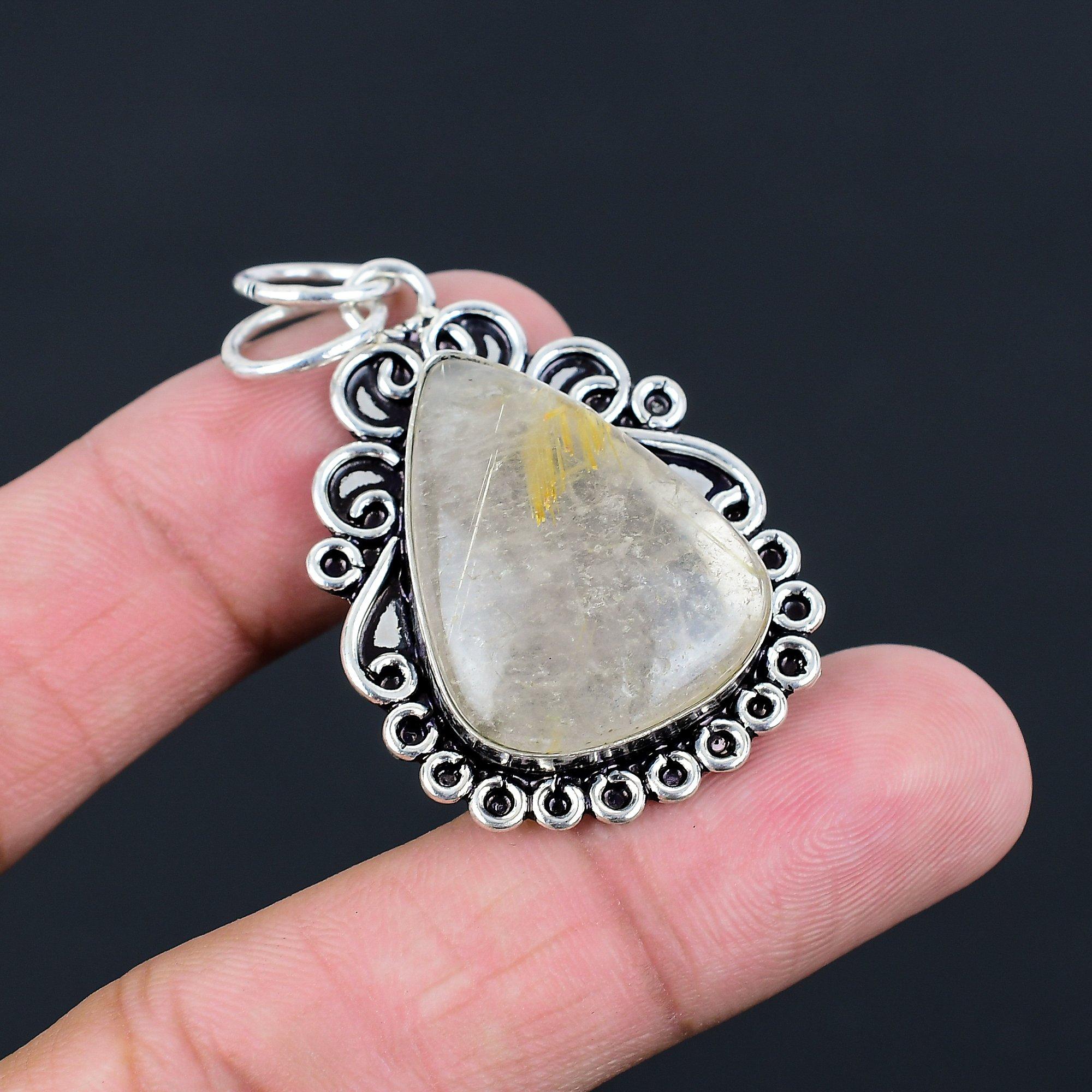 

Pear Golden Rutile Gemstone 925 Sterling Silver Engagement Bezel Pendant Jewelry