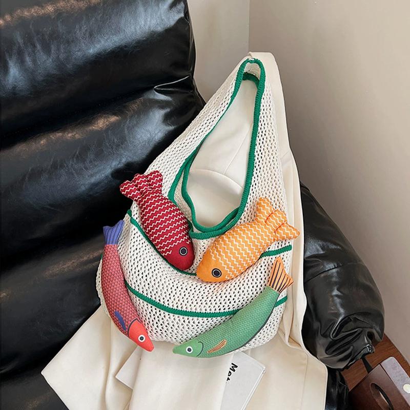 Fish Design Knitting Shoulder Bag Woven Hand Bag Beach Bag Holiday Travel Shopper Shopping Purse for Women