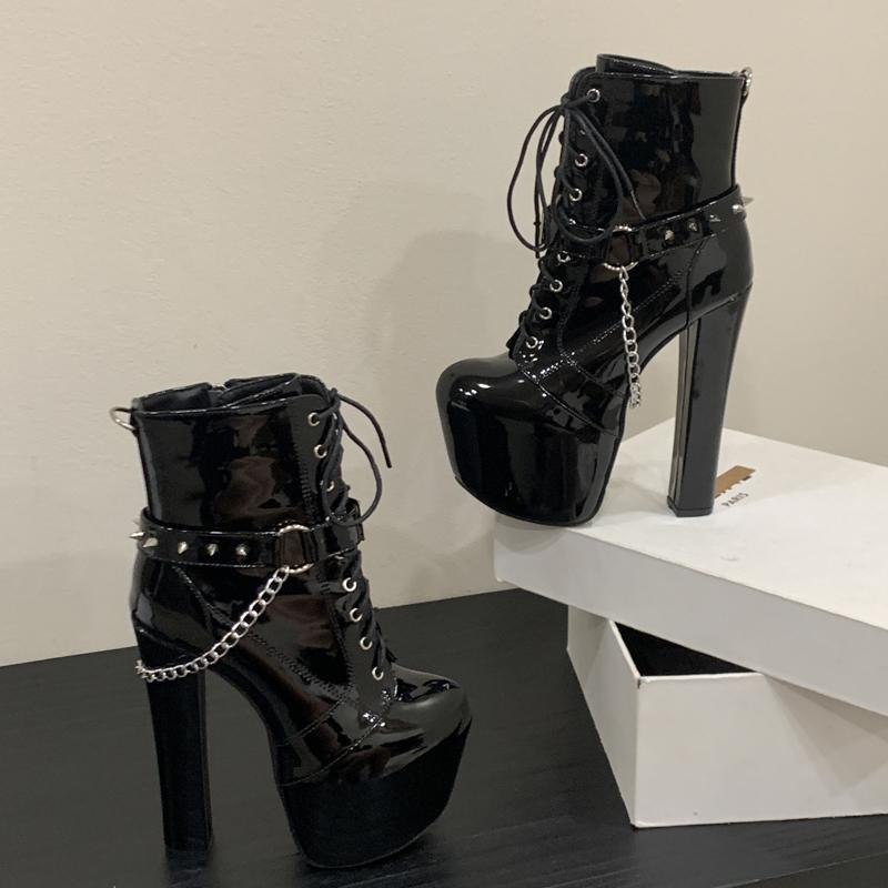 Eilyken New Design Silver Chain Patent Leather Women Ankle Boots Fashion Platform Round Toe Square High Heels Zipper Shoes