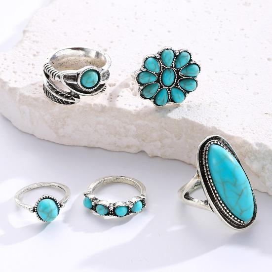 Juego de 5 Anillos Color Plata Retro Envejecido Anillos para el Dedo con Turquesa de Imitación Estilo Bohemio Versátil Apilable Joyería para el Dedo Regalo