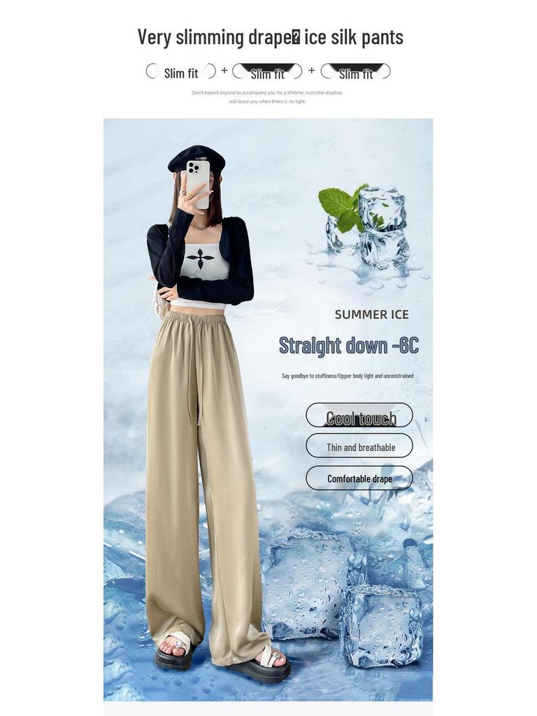 Women's Satin High-Waisted Acetate Wide-Leg Pants - Sun Protection Cool Ice Silk Drape for Short People