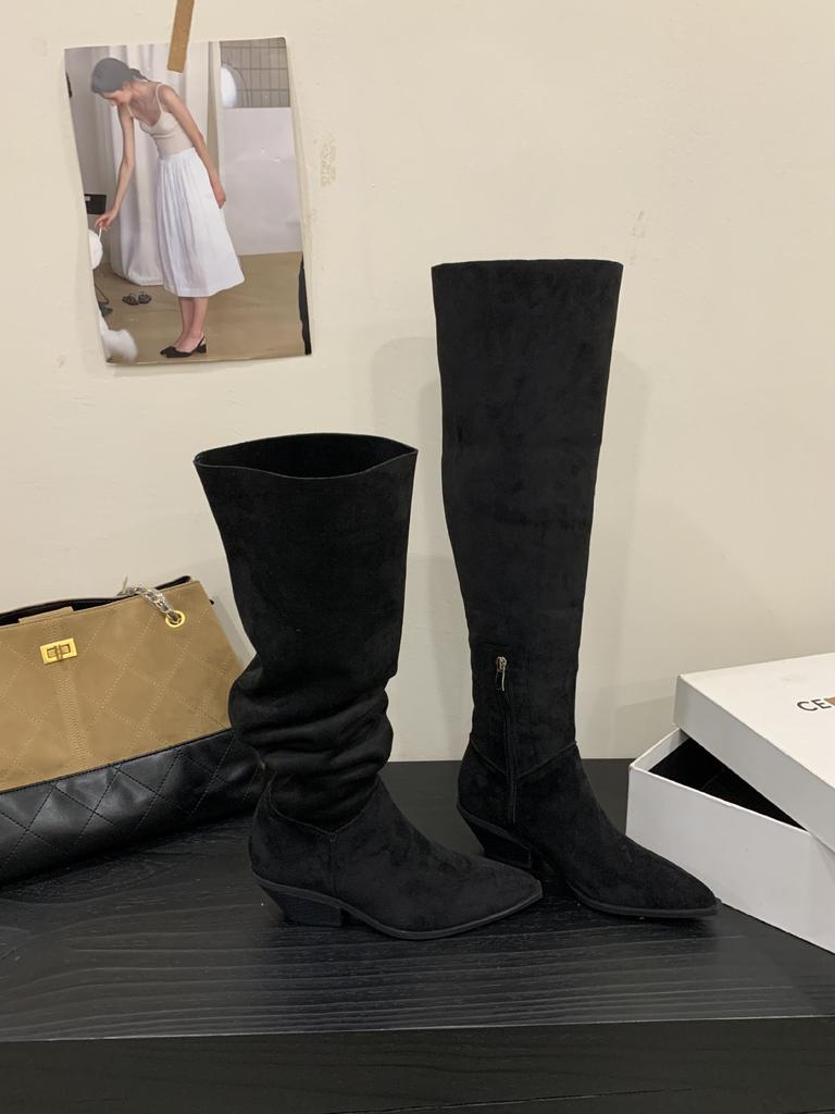 2025 Autumn and Winter New Big Tube Circumference Pointed Toe Over Knee Boots Thick Heel High Boots Medium Heel Boots Stacking Boots