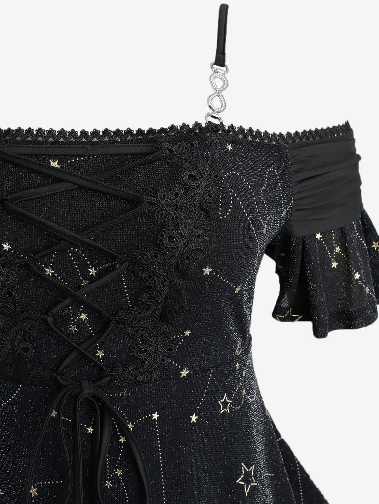 Rosegal Plus Size Star Stamping Lace-up Lace Trim Cold Shoulder Ruffles Top