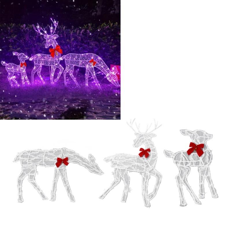 3 Piece Lighted Christmas Deer Family Set Outdoor Yard Decoration With LED Lights Red Bows Mother Child Reindeer Garden Decor