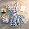 New blue and white plaid dress female sweet girl wind flying sleeves square neck lace waist thin short skirt