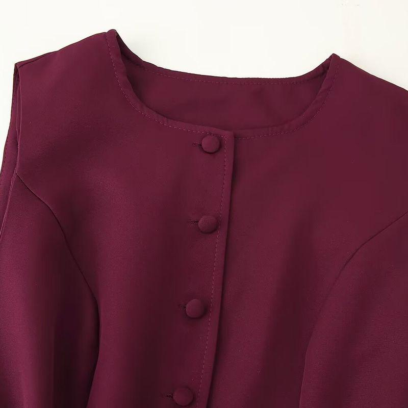 Kaslead New Women Clothes Western Style Fashion Simple Round Neck Single-Breasted Belt Decoration Dress